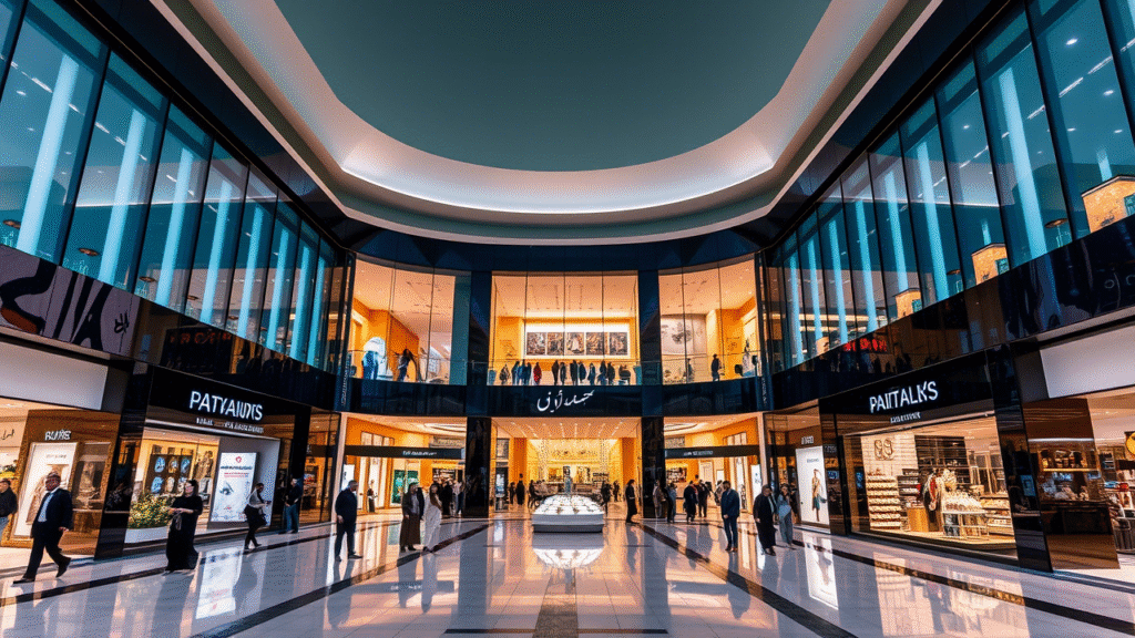 بانوراما مول الرياض: 10 أسباب تجعله وجهتك الأولى للتسوق والترفيه في قلب العاصمة 1 Image of a modern shopping mall with large glass windows and contemporary architectural design – showcasing a vibrant, high-end shopping experience like بانوراما مول الرياض.
