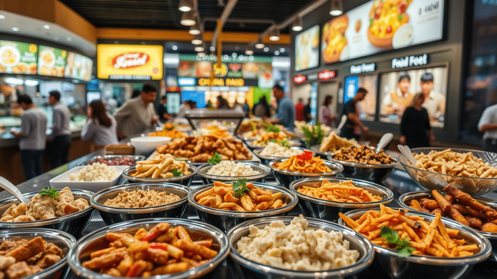 بانوراما مول الرياض: 10 أسباب تجعله وجهتك الأولى للتسوق والترفيه في قلب العاصمة 3 Close-up of delicious food dishes in a food court setting – capturing the diverse dining options, from fast food to gourmet meals at بانوراما مول الرياض.