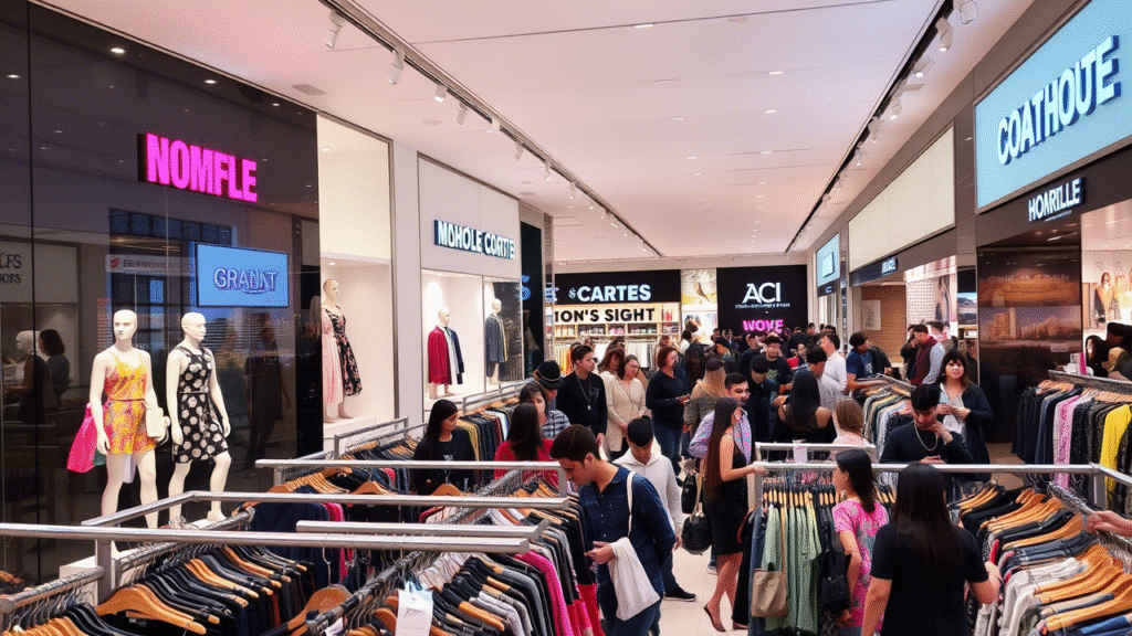 بانوراما مول الرياض: 10 أسباب تجعله وجهتك الأولى للتسوق والترفيه في قلب العاصمة 2 Interior of a stylish clothing store with a variety of brands and a busy shopping crowd – reflecting the variety of fashion stores available at the mall.